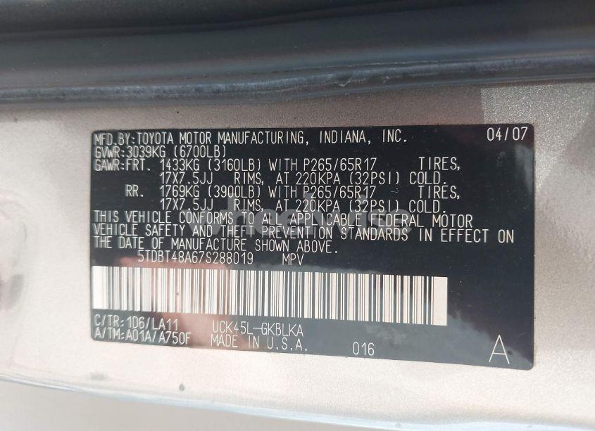 Photo 9 of 2007 Toyota Sequoia LIMITED V8 (VIN 5TDBT48A67S288019)