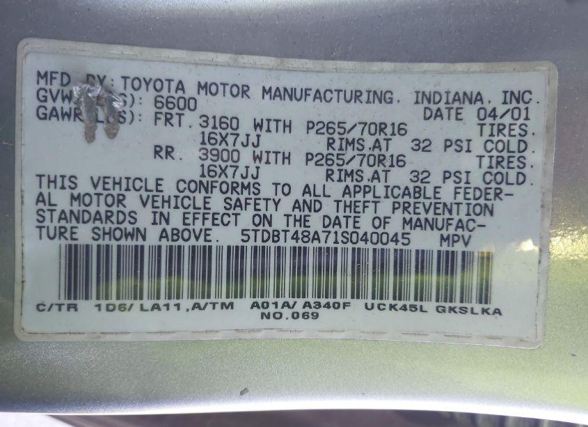 Photo 9 of 2001 Toyota Sequoia LIMITED V8 (VIN 5TDBT48A71S040045)