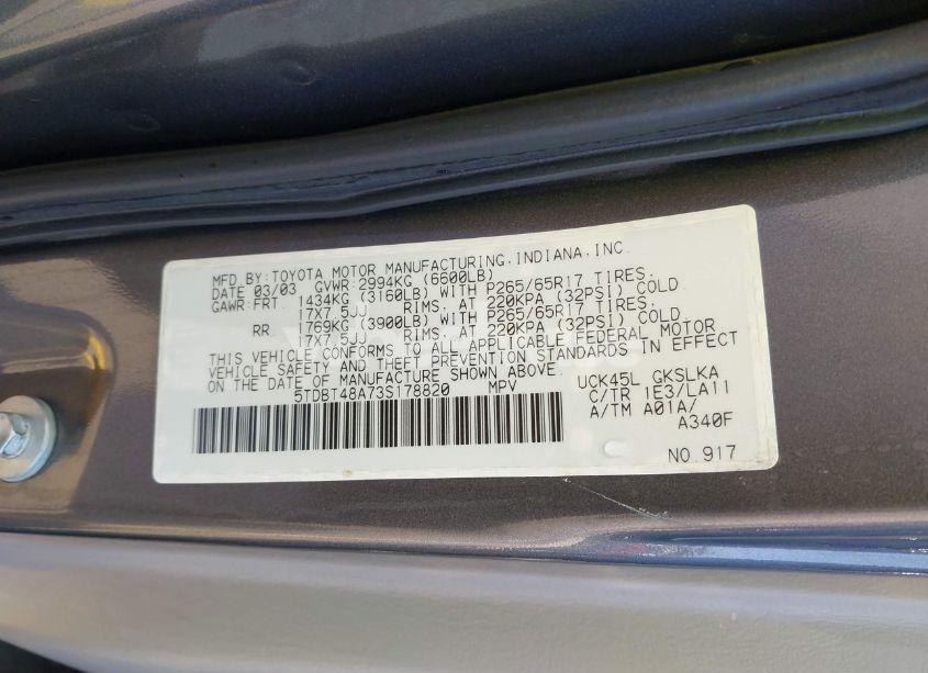 Photo 9 of 2003 Toyota Sequoia LIMITED V8 (VIN 5TDBT48A73S178820)