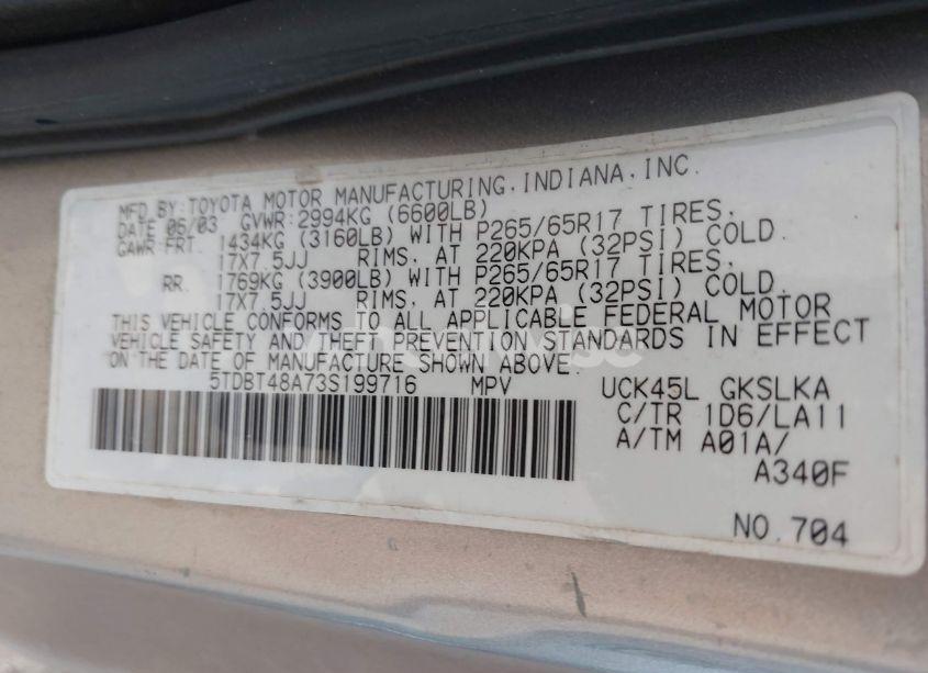 Photo 9 of 2003 Toyota Sequoia LIMITED V8 (VIN 5TDBT48A73S199716)