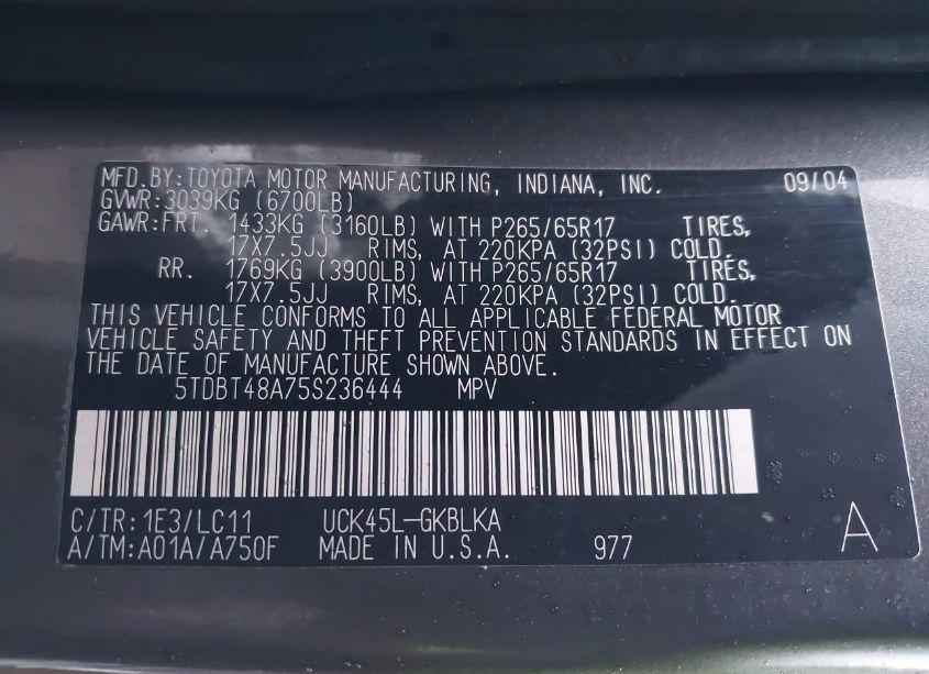 Photo 9 of 2005 Toyota Sequoia LIMITED V8 (VIN 5TDBT48A75S236444)