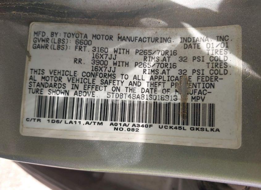 Photo 9 of 2001 Toyota Sequoia LIMITED V8 (VIN 5TDBT48A81S018913)