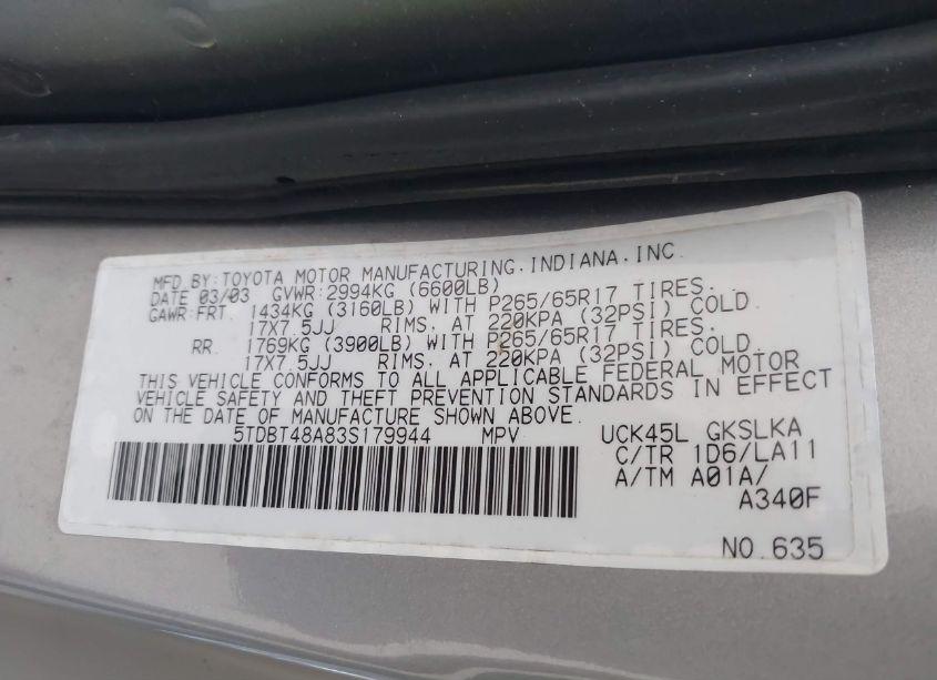 Photo 9 of 2003 Toyota Sequoia LIMITED (VIN 5TDBT48A83S179944)