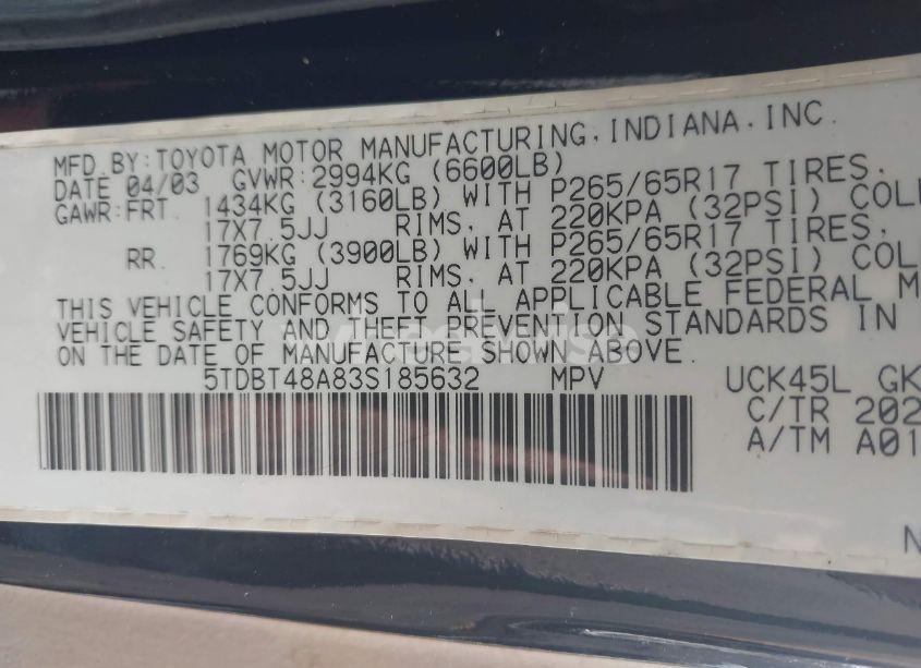 Photo 9 of 2003 Toyota Sequoia LIMITED V8 (VIN 5TDBT48A83S185632)