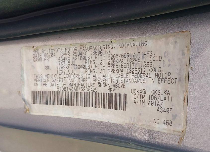 Photo 9 of 2004 Toyota Sequoia LIMITED V8 (VIN 5TDBT48A84S230425)