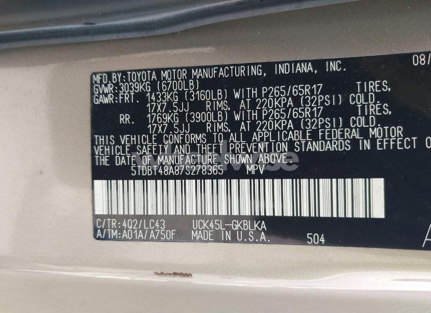 Photo 9 of 2007 Toyota Sequoia LIMITED V8 (VIN 5TDBT48A87S278365)