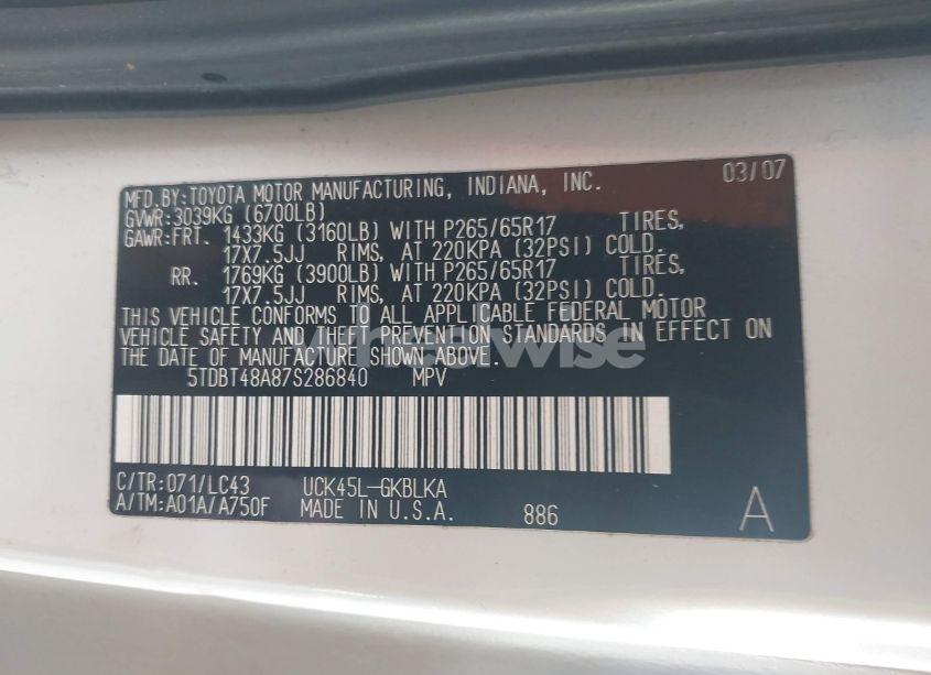 Photo 9 of 2007 Toyota Sequoia LIMITED V8 (VIN 5TDBT48A87S286840)