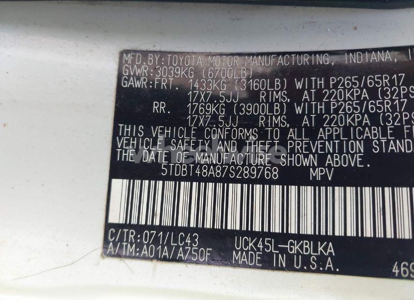 Photo 9 of 2007 Toyota Sequoia LIMITED V8 (VIN 5TDBT48A87S289768)