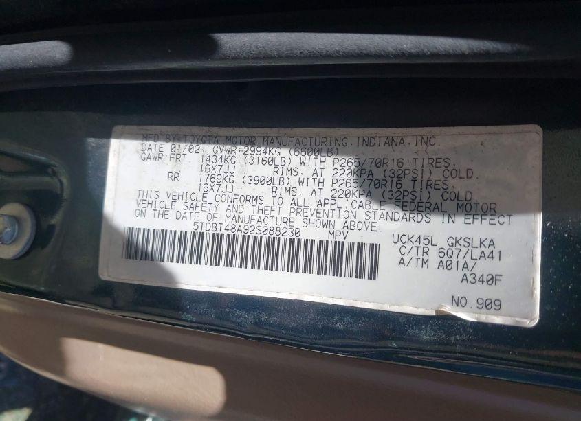 Photo 9 of 2002 Toyota Sequoia LIMITED V8 (VIN 5TDBT48A92S088230)