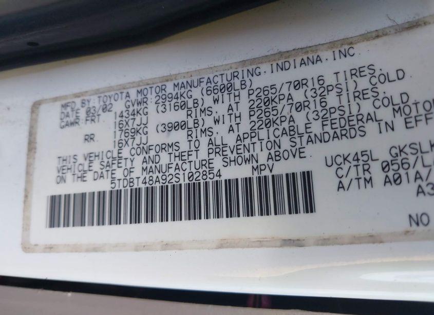 Photo 9 of 2002 Toyota Sequoia LIMITED V8 (VIN 5TDBT48A92S102854)