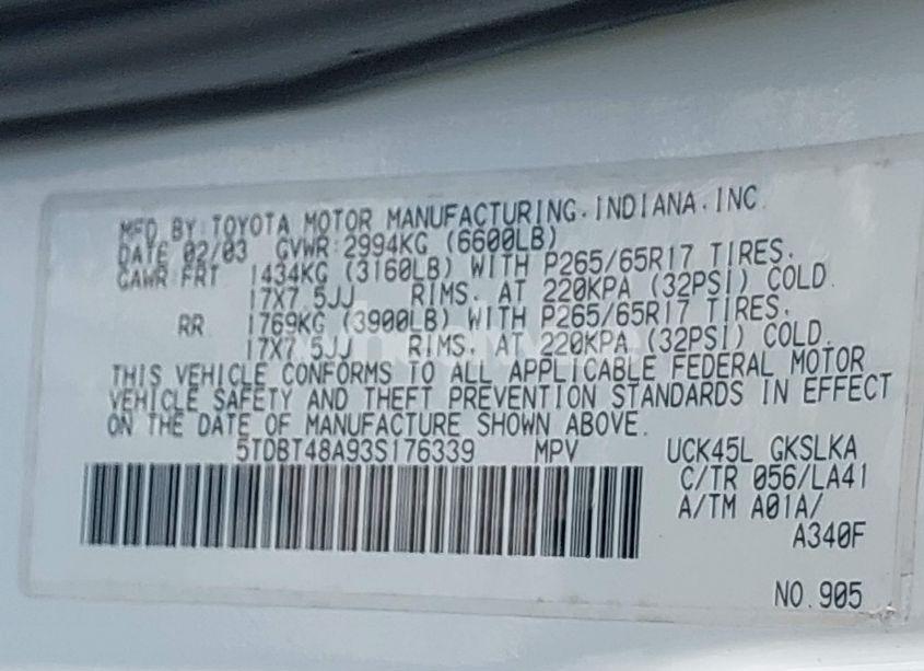 Photo 9 of 2003 Toyota Sequoia LIMITED V8 (VIN 5TDBT48A93S176339)