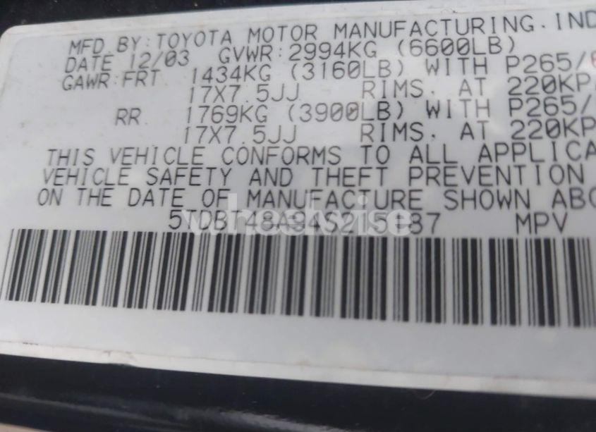 Photo 9 of 2004 Toyota Sequoia LIMITED V8 (VIN 5TDBT48A94S215187)