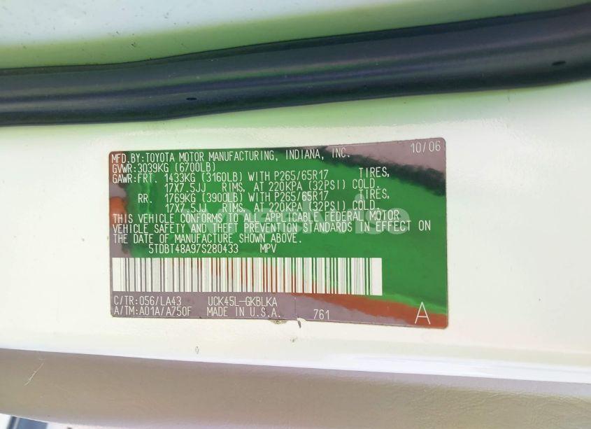 Photo 9 of 2007 Toyota Sequoia LIMITED V8 (VIN 5TDBT48A97S280433)