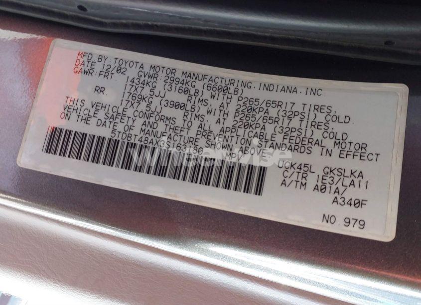 Photo 9 of 2003 Toyota Sequoia LIMITED (VIN 5TDBT48AX3S163180)