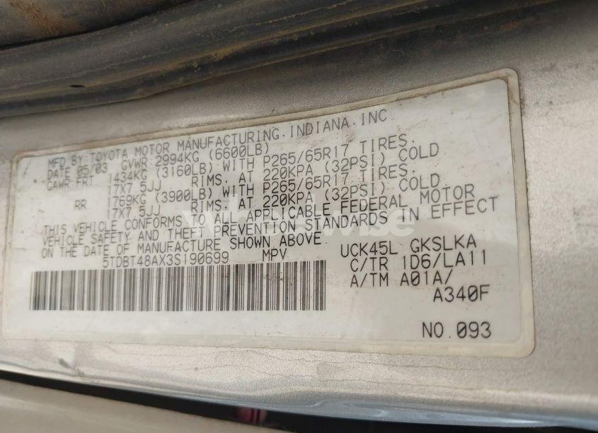 Photo 9 of 2003 Toyota Sequoia LIMITED V8 (VIN 5TDBT48AX3S190699)