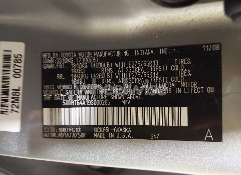 Photo 9 of 2009 Toyota Sequoia SR5 4.7L V8 (VIN 5TDBT64A19S000265)