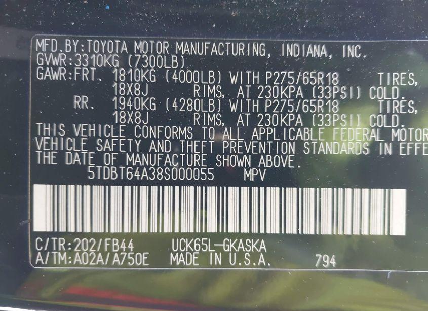 Photo 9 of 2008 Toyota Sequoia SR5 4.7L V8 (VIN 5TDBT64A38S000055)