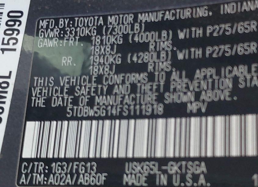 Photo 9 of 2015 Toyota Sequoia SR5 5.7L V8 (VIN 5TDBW5G14FS111918)