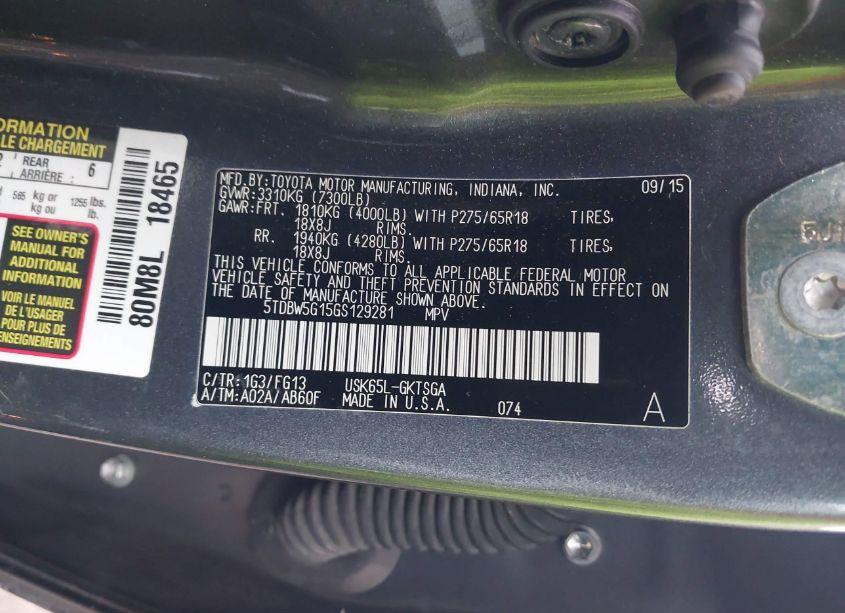 Photo 9 of 2016 Toyota Sequoia SR5 5.7L V8 (VIN 5TDBW5G15GS129281)