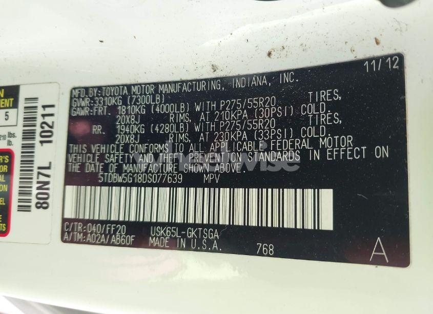 Photo 9 of 2013 Toyota Sequoia SR5 5.7L V8 (VIN 5TDBW5G18DS077639)