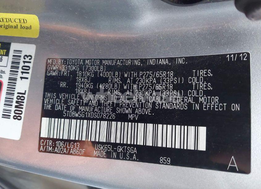 Photo 9 of 2013 Toyota Sequoia SR5 5.7L V8 (VIN 5TDBW5G1XDS078226)