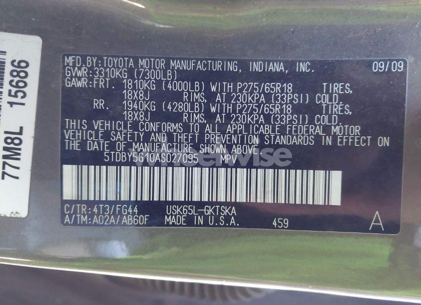 Photo 9 of 2010 Toyota Sequoia SR5 5.7L V8 (VIN 5TDBY5G10AS027095)