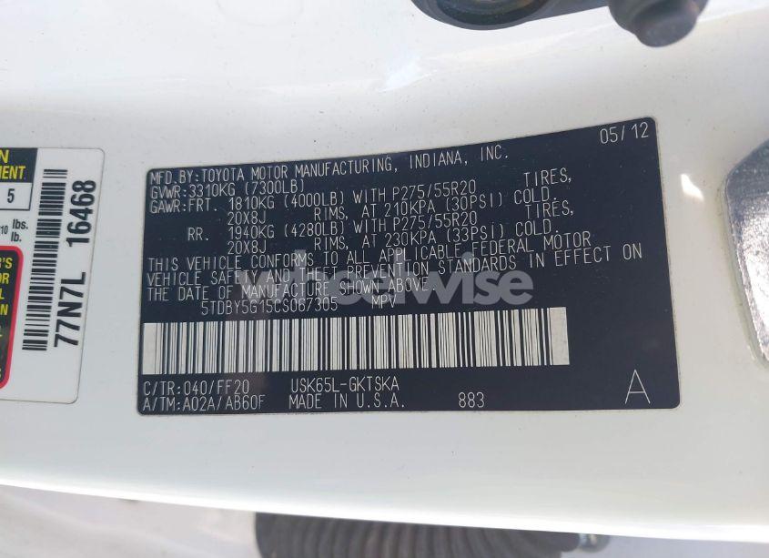 Photo 9 of 2012 Toyota Sequoia SR5 5.7L V8 (VIN 5TDBY5G15CS067305)