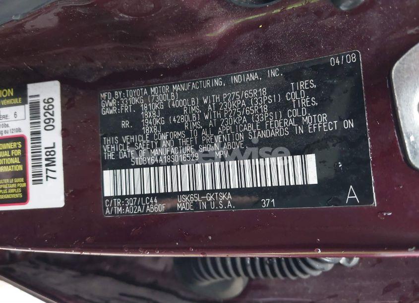 Photo 9 of 2008 Toyota Sequoia SR5 5.7L V8 (VIN 5TDBY64A18S016529)