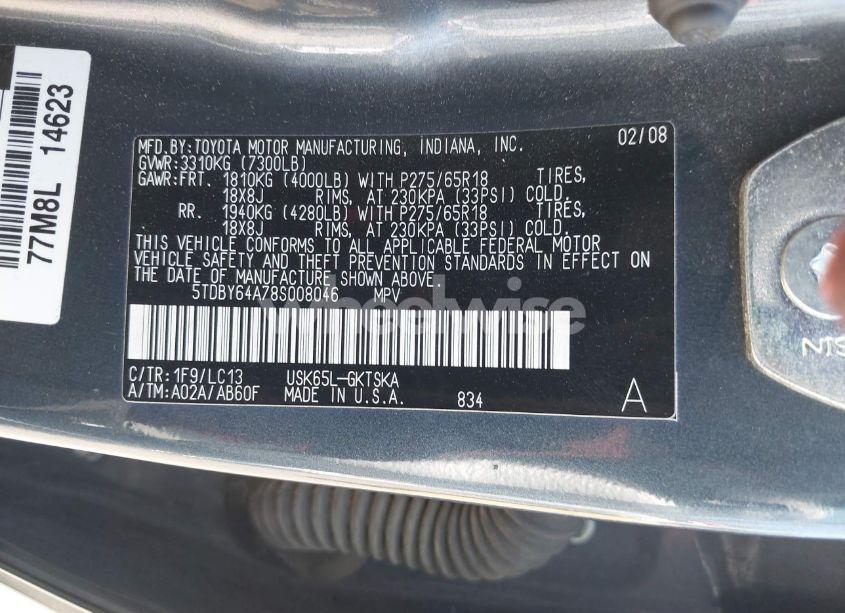 Photo 9 of 2008 Toyota Sequoia SR5 5.7L V8 (VIN 5TDBY64A78S008046)