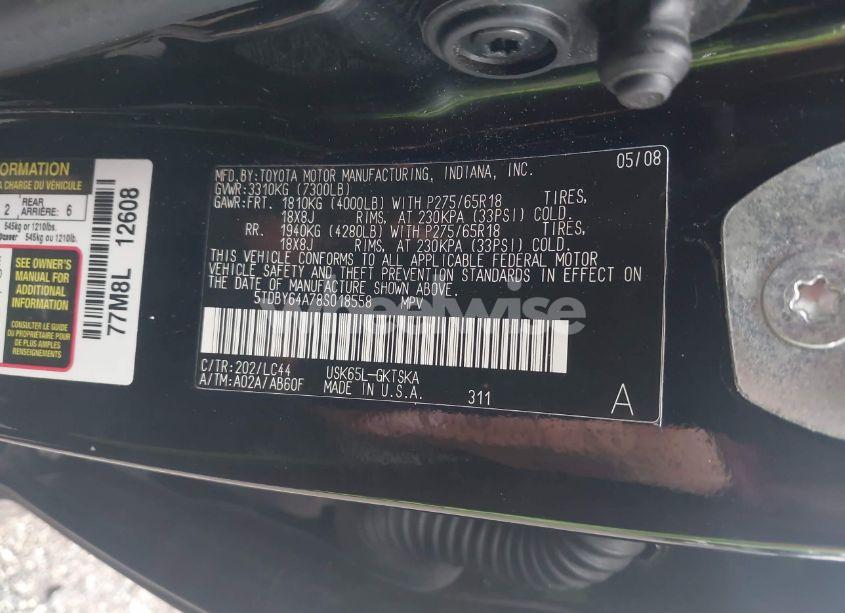 Photo 9 of 2008 Toyota Sequoia SR5 5.7L V8 (VIN 5TDBY64A78S018558)