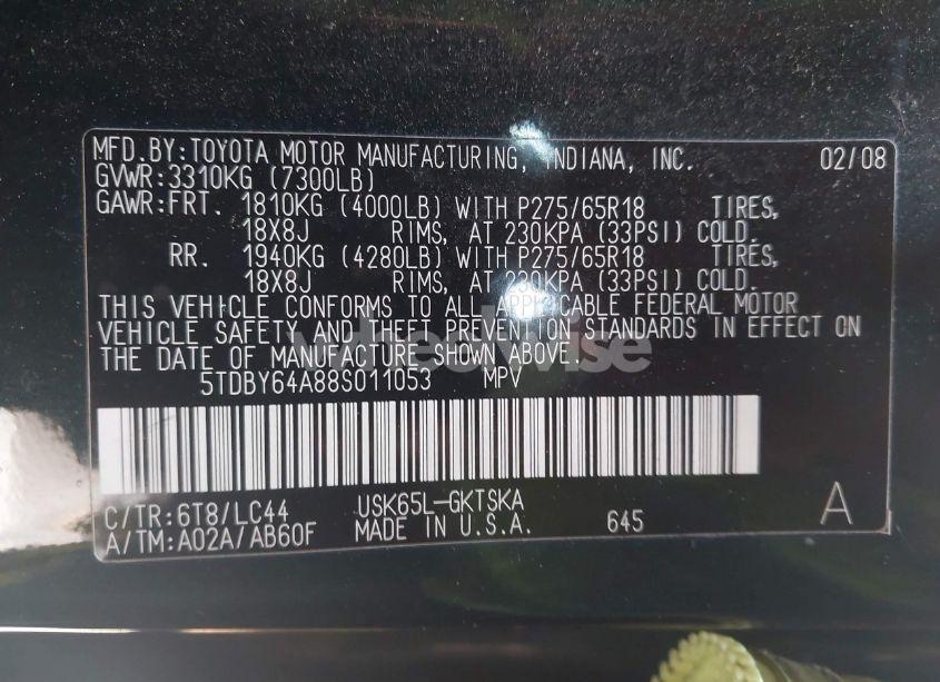 Photo 9 of 2008 Toyota Sequoia SR5 5.7L V8 (VIN 5TDBY64A88S011053)