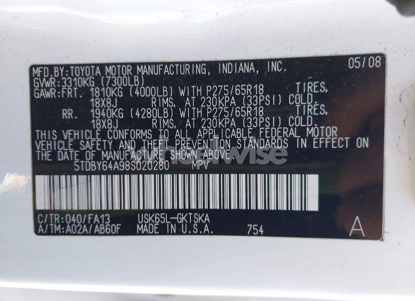 Photo 9 of 2008 Toyota Sequoia SR5 5.7L V8 (VIN 5TDBY64A98S020280)