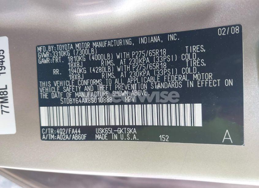 Photo 9 of 2008 Toyota Sequoia SR5 5.7L V8 (VIN 5TDBY64AX8S010888)