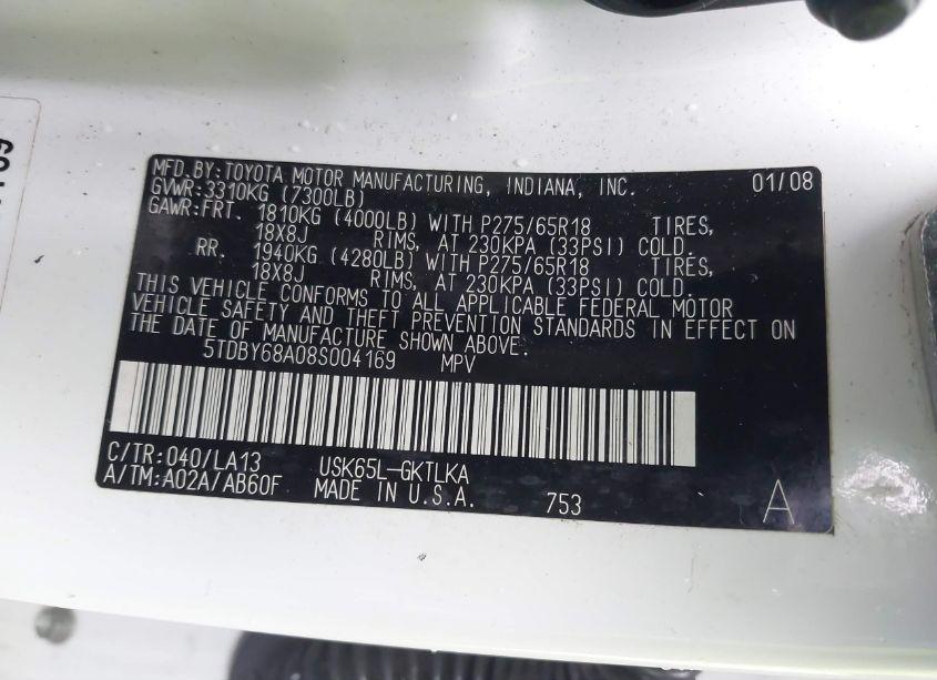 Photo 9 of 2008 Toyota Sequoia LIMITED 5.7L V8 (VIN 5TDBY68A08S004169)