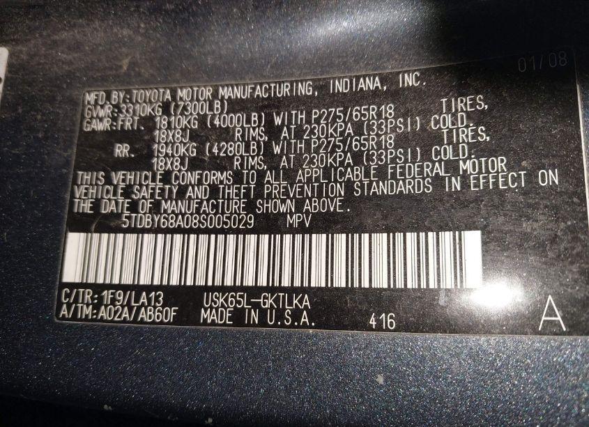 Photo 9 of 2008 Toyota Sequoia LIMITED 5.7L V8 (VIN 5TDBY68A08S005029)