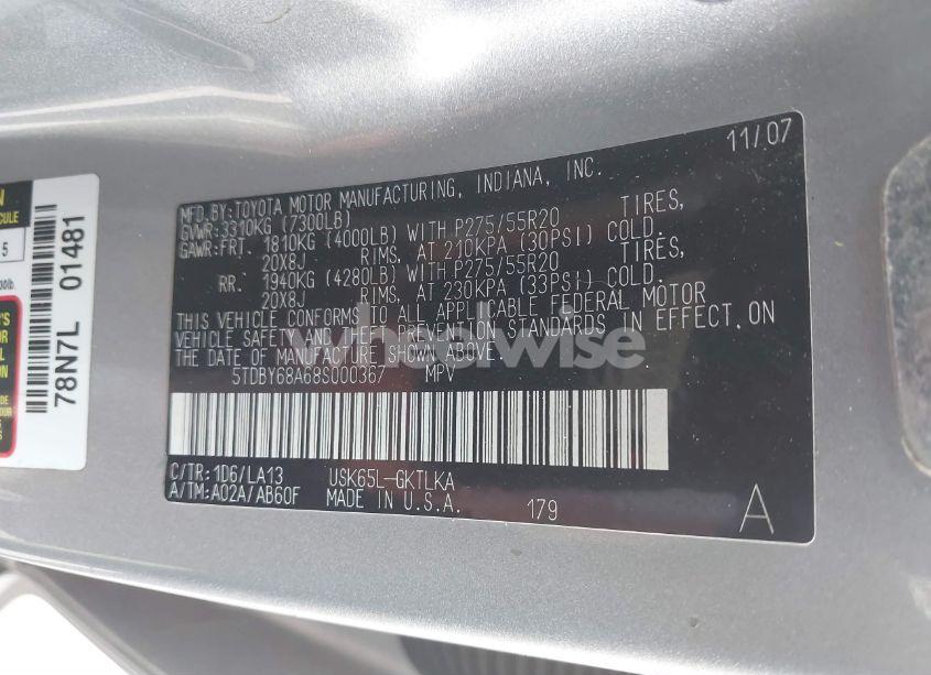 Photo 9 of 2008 Toyota Sequoia LIMITED 5.7L V8 (VIN 5TDBY68A68S000367)