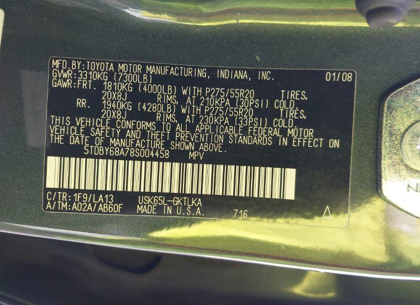 Photo 9 of 2008 Toyota Sequoia LIMITED 5.7L V8 (VIN 5TDBY68A78S004458)