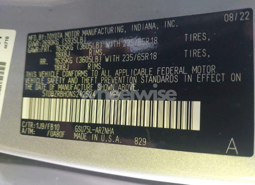 Photo 9 of 2022 Toyota Highlander LE (VIN 5TDBZRBH0NS242524)