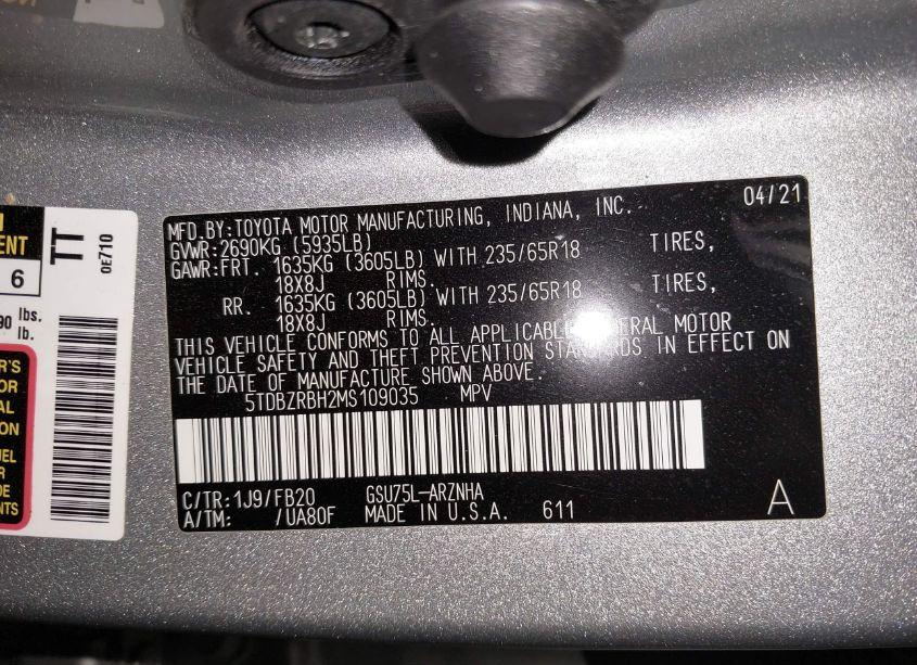 Photo 9 of 2021 Toyota Highlander LE (VIN 5TDBZRBH2MS109035)