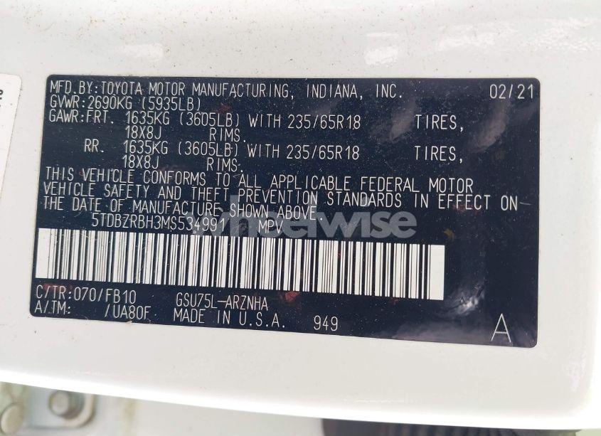 Photo 9 of 2021 Toyota Highlander LE (VIN 5TDBZRBH3MS534991)