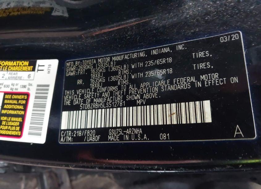 Photo 9 of 2020 Toyota Highlander LE (VIN 5TDBZRBH5LS512781)