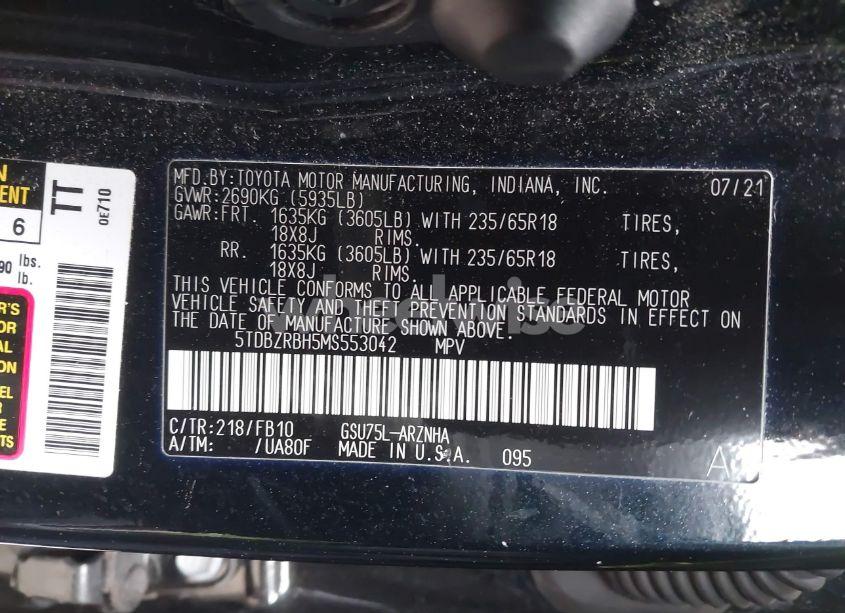 Photo 9 of 2021 Toyota Highlander LE (VIN 5TDBZRBH5MS553042)