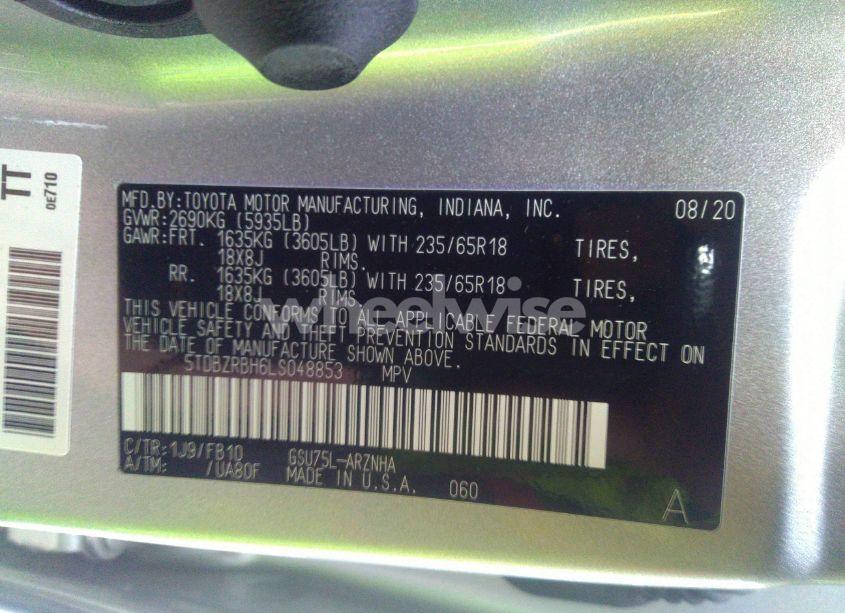 Photo 9 of 2020 Toyota Highlander LE (VIN 5TDBZRBH6LS048853)