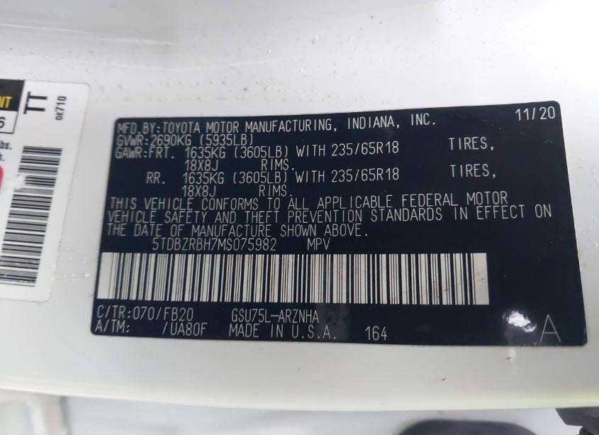 Photo 8 of 2021 Toyota Highlander LE (VIN 5TDBZRBH7MS075982)