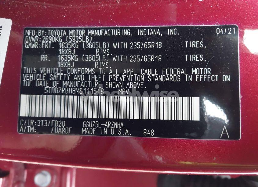 Photo 9 of 2021 Toyota Highlander LE (VIN 5TDBZRBH8MS111548)