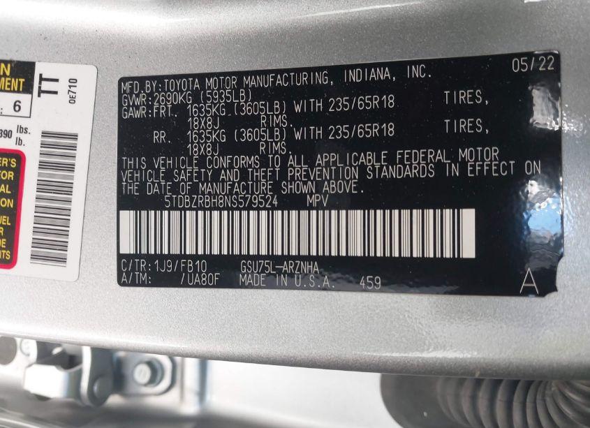 Photo 9 of 2022 Toyota Highlander LE (VIN 5TDBZRBH8NS579524)