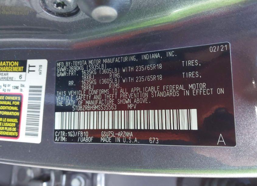 Photo 9 of 2021 Toyota Highlander LE (VIN 5TDBZRBH9MS535563)