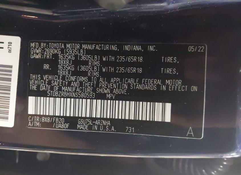 Photo 9 of 2022 Toyota Highlander LE (VIN 5TDBZRBHXNS580593)