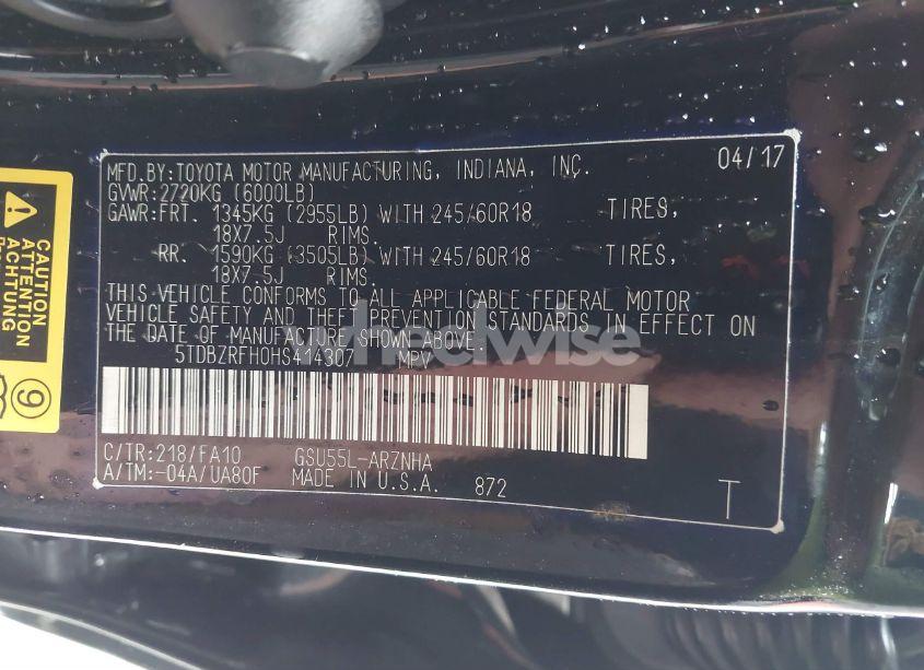 Photo 9 of 2017 Toyota Highlander LE PLUS (VIN 5TDBZRFH0HS414307)