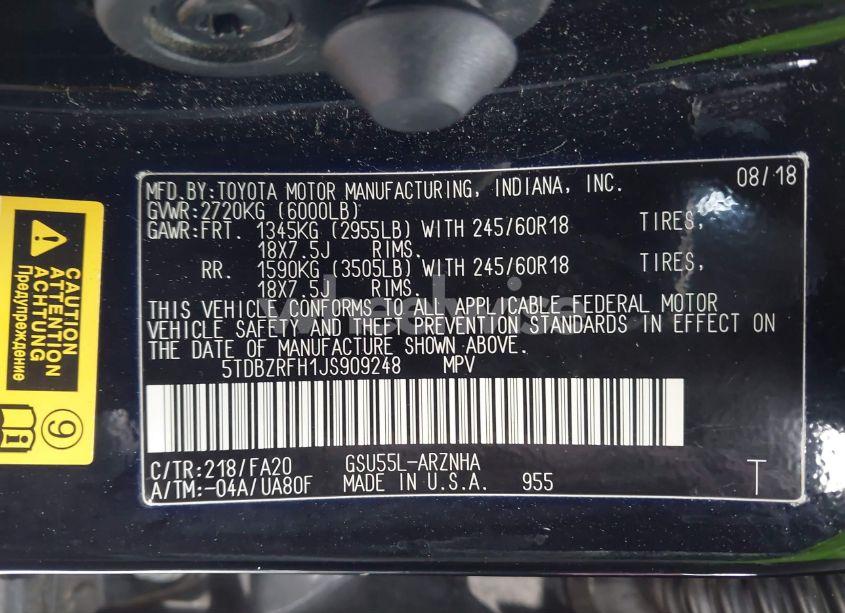 Photo 9 of 2018 Toyota Highlander LE PLUS (VIN 5TDBZRFH1JS909248)